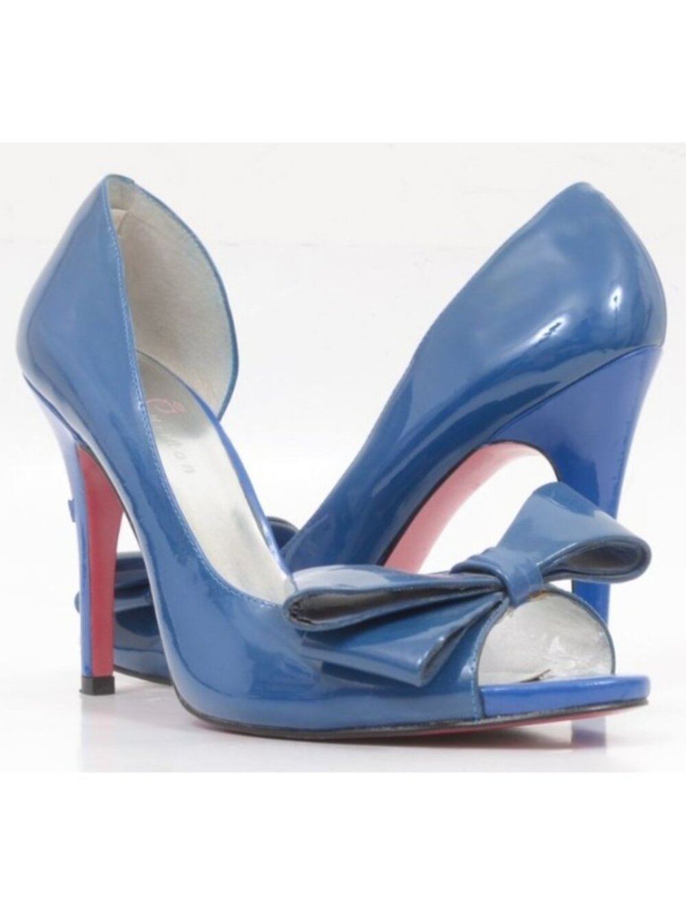 Paris Hilton Women’s 10M Blue Patent Leather Bow Open Toe Stiletto Heels PinUp